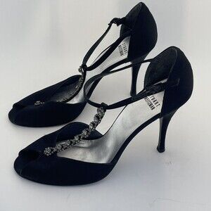 Stuart Weitzman Black Satin Peep-toe Heels Crystal 8  Embellished T-Strap 38971